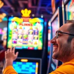 Main player excitedly playing plink slot di dalam kasino yang meriah.