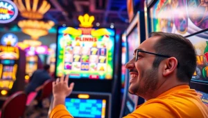 Main player excitedly playing plink slot di dalam kasino yang meriah.