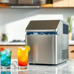 Showcase of an affordable ice maker in a bright kitchen, demonstrating smooth design and functionality.