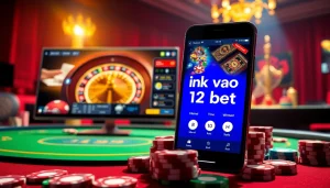 Experience the thrill of ink vao 12bet with this captivating online gambling scene featuring a roulette wheel and poker table.