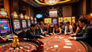 Gamblers enjoying a thrilling moment at UU88's luxury casino with roulette and poker.