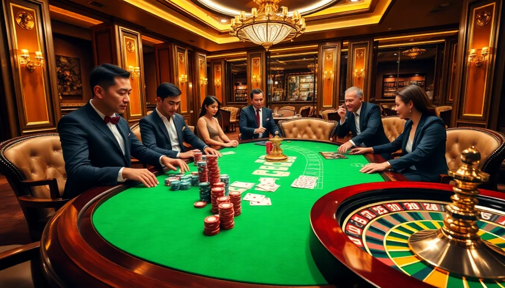 Players strategizing at a poker table showcasing 555win excitement and skill in a vibrant casino atmosphere.