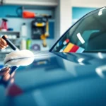 Best car detailing Chattanooga TN technician polishing a vehicle in a clean garage setting.
