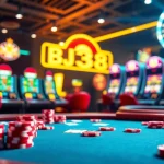 BJ38 online gambling interface showcasing vibrant casino elements like poker tables and slot machines.