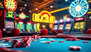 BJ38 online gambling interface showcasing vibrant casino elements like poker tables and slot machines.