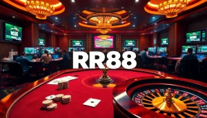 Engaging RR88 online gambling experience with poker chips and vibrant casino décor.