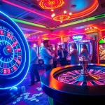 Engaged players enjoying the Onicplay online casino experience with vibrant slot machines and a roulette wheel.