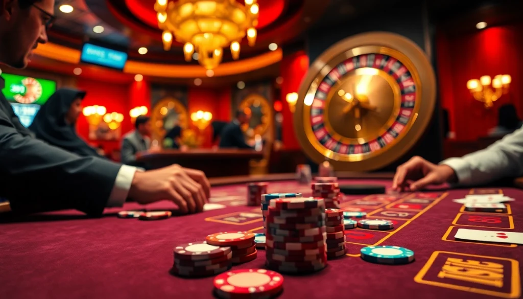 MMOO poker players intensely strategizing at a vibrant casino table with chips and cards.