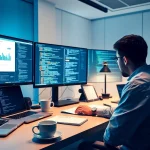 Developer analyzing web scrapping data in a modern workspace with multiple screens.