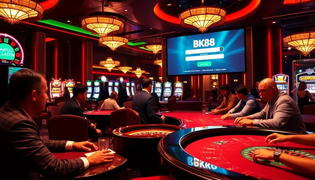 Seamlessly navigate bk8 login at a luxurious casino with vibrant games and poker chips.