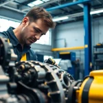 Visualize a powertrain extended warranty scenario with a mechanic assessing a vehicle's engine components