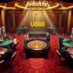 Experience the thrill of U888's vibrant casino atmosphere with bustling players and stunning gaming tables.