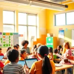 Education equity illustrated through a diverse classroom engaging in collaborative learning.