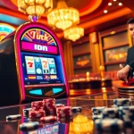 Experience thrilling wins with idnslot as a player engages with a vibrant slot machine in a luxurious casino setting.