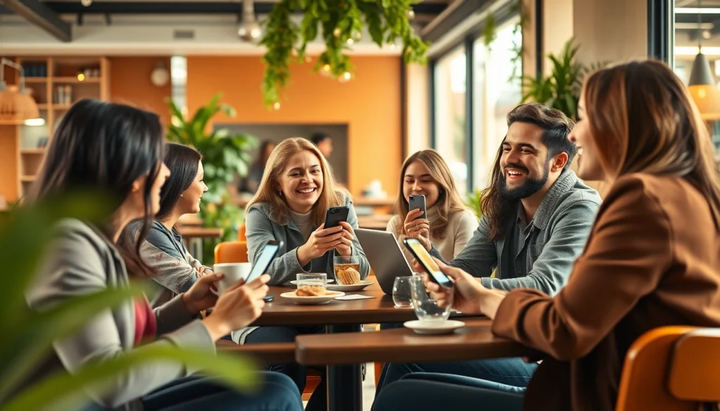 Young adults enjoying the instapro app in a lively café setting.