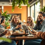 Young adults enjoying the instapro app in a lively café setting.
