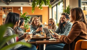 Young adults enjoying the instapro app in a lively café setting.