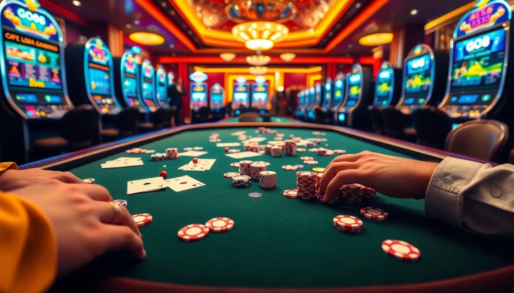 Engaging casino scene featuring GO88 gaming elements with a vibrant table, cards, and roulette.