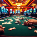 Engaging casino scene featuring GO88 gaming elements with a vibrant table, cards, and roulette.