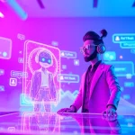 Engaging NSFW AI chatbot interacting with user in a vibrant digital landscape.