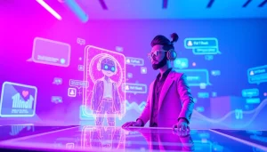 Engaging NSFW AI chatbot interacting with user in a vibrant digital landscape.