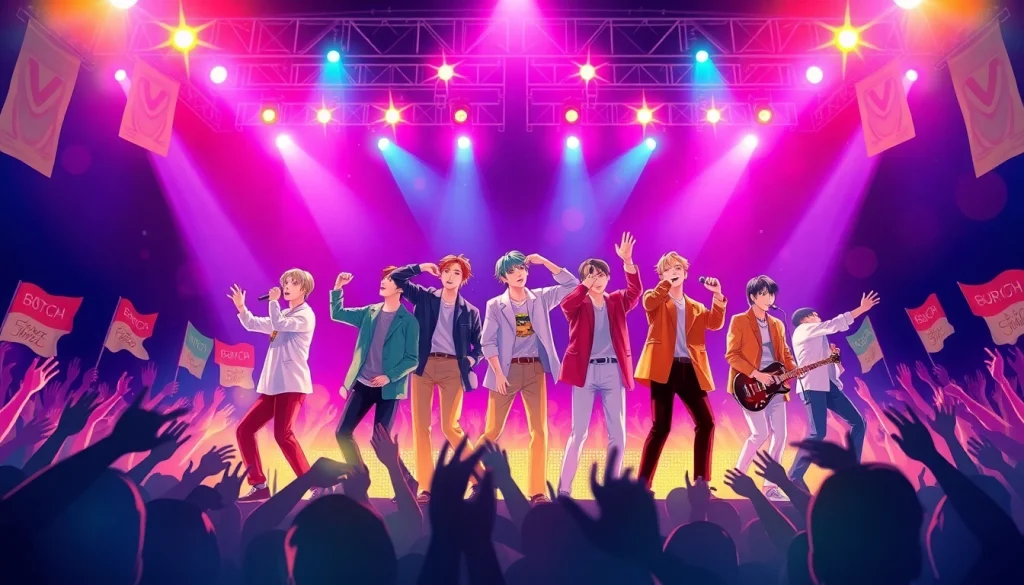 Capture the bts members in a vibrant concert scene, showcasing their unique personalities and energetic vibe.