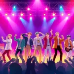 Capture the bts members in a vibrant concert scene, showcasing their unique personalities and energetic vibe.