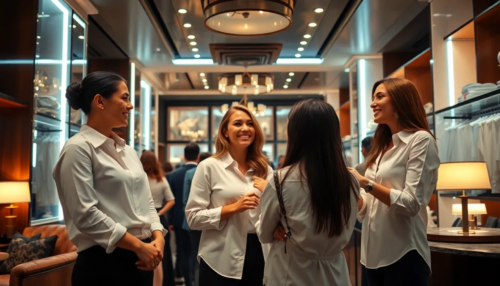 A high-end shirt room at gdmc.bio featuring stylish managers and warm ambiance.