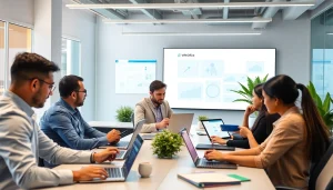 团队在现代办公环境中使用笔记本电脑协作进行WPS下载。