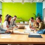 Engaging team discussion at a sales hiring platform in a modern office setting.