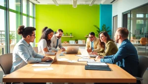 Engaging team discussion at a sales hiring platform in a modern office setting.