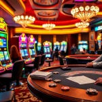 Players enjoying the pen 4d slots at an opulent casino, surrounded by vibrant lights and excitement.