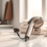 Stylish Ionic hair dryer on a bathroom counter, showcasing its sleek design and elegance.