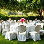 Experience elegant table & chair rentals with lush greenery and floral decor in a beautifully arranged outdoor setting.