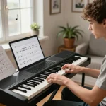 Engaging music learning with go 88 digital piano in a bright home setting.