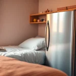 Stylish dorm room fridge displaying neatly arranged snacks and drinks in a cozy dorm setting.