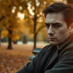 Depression symptoms illustrated by a contemplative person on a park bench amid autumn foliage.