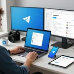A tech-savvy workspace showcasing Telegram 下载 process on a MacBook and smartphone, highlighting user-friendly digital communication.
