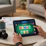 KOINID app being used for poker gameplay on a tablet in a cozy home setting with strategy notes.