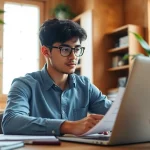 Focused student practicing to pass IT certification exams in a sunny home office.