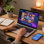 Engaging in สล็อตทดลอง gameplay on a laptop with strategy notes and a cozy atmosphere at home.