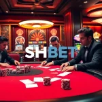 SHBET players engage in thrilling poker action at a luxurious casino table.