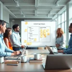 Analyzing key findings in a Content Gap Analysis with a team in a modern office setting.