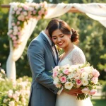 Capture the essence of light & airy photography with a romantic outdoor wedding scene featuring smiling couple in a garden.