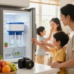 Waterdrop MSWF Refrigerator Water Filter in a home kitchen scene, family enjoying filtered water.