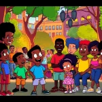 A lively urban park scene featuring iconic African American cartoons characters celebrating diversity and creativity.