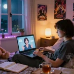 Engaging ai chat porn experience in a cozy bedroom with a laptop and AI character interaction.