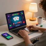 Engaging live dealer game with tr88 on a laptop, vibrant colors and casino atmosphere enhance the experience.