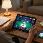 Player engaging with cm88-yu online casino poker game on tablet in cozy home setting