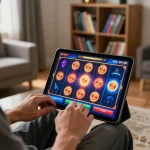 Player enjoying slot games on f168 tablet in vibrant home gaming setup with cozy atmosphere.